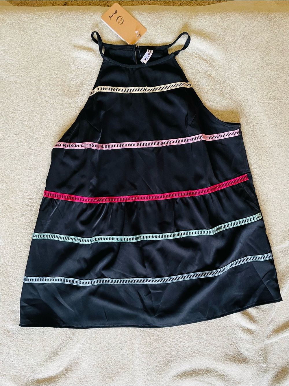 ePretty women’s Black Halter Top with multicolored Ladder Trim size small